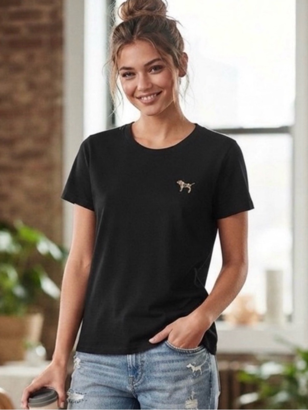 Victoria’s Secret PINK Black Sequin Logo Graphic Tee Shirt Women’s Large